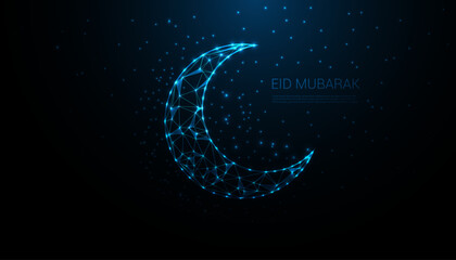 Digital Low Poly Eid Mubarak Moon in Night Sky with Glowing Blue light background design.