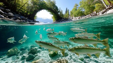 Underwater View of Schools of Fish Swimming Gracefully in Clear River Surrounded by Lush Nature
