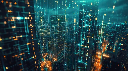 A futuristic city skyline with stocks flying high above, showcasing economic growth ,A vibrant depiction of a future city bathed in blue and teal light with a digital grid overlay symbolizing