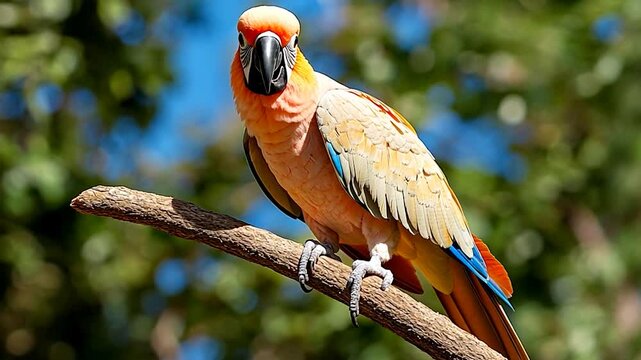 Vibrant Parrot Perched On Branch With Detailed Feathers Against Blurred Green Background in Sunlight