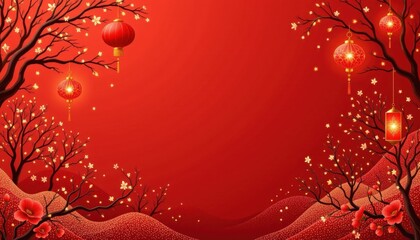 warm lunar new year celebration featuring red lanterns in the top corner on a crimson red background, in a cozy festive style, with soft amber warmth, open layout, high resolution