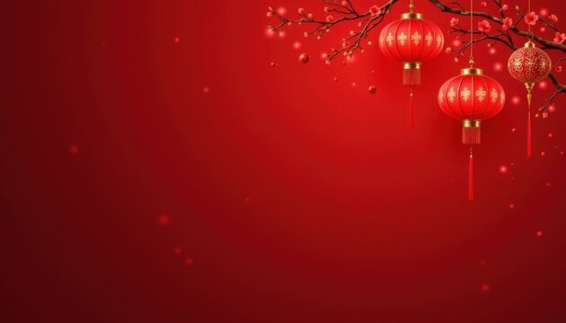warm lunar new year celebration featuring red lanterns in the top corner on a crimson red background, in a cozy festive style, with soft amber warmth, open layout, high resolution