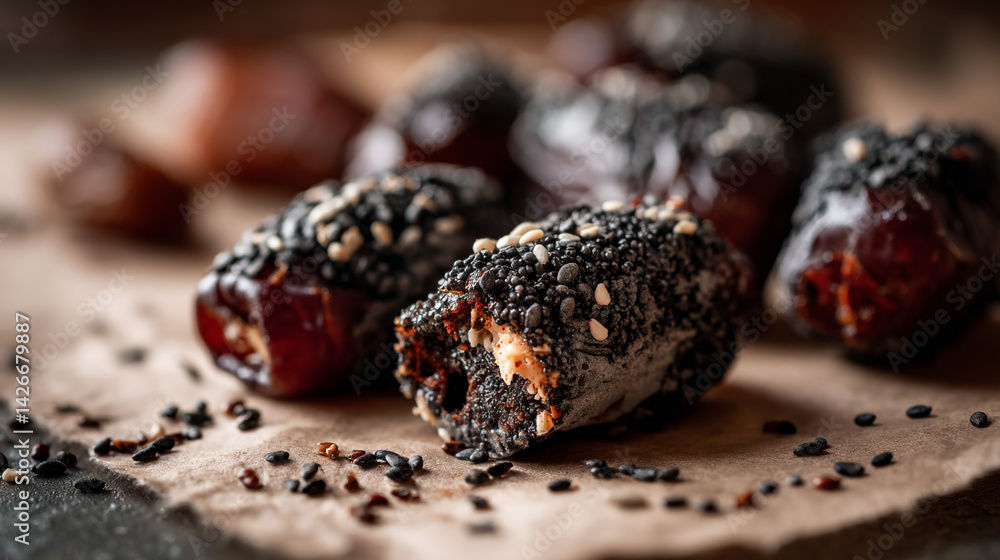 Poster Close up of dates covered in sesame seeds on a brown paper surface in a studio setting