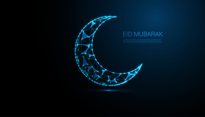 Digital Low Poly Eid Mubarak Moon in Night Sky with Glowing Blue light background design.