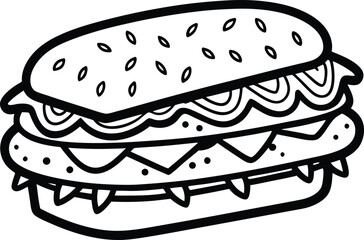 Line Art Vector of a Layered Sandwich with Lettuce and Meat – Black and White Illustration