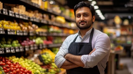 Handsome Indian male salesman proudly stands in a grocery store with arms crossed, showcasing vibrant fruit displays behind him