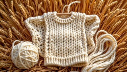 Obraz premium simple knitting display with natural yarn in the center on a wheat background, in a pure sustainable style, with golden hour brightness, spacious composition, high resolution