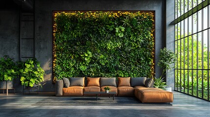A modern office with a lush vertical garden for a sustainable workspace