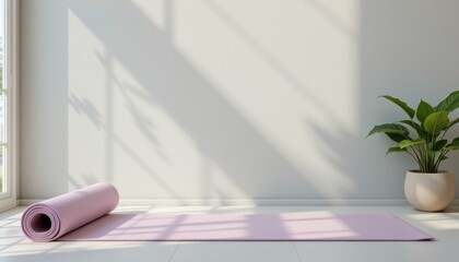 serene yoga arrangement with rolled mat in the lower left on a pastel gray background, in a clean wellness style, with gentle sunlight harmony, ample free space, high resolution