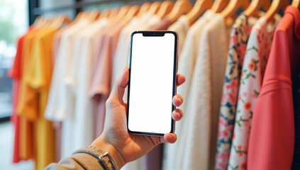 close-up of a phone in his hand with a white blank screen against the background of women's clothing in a store