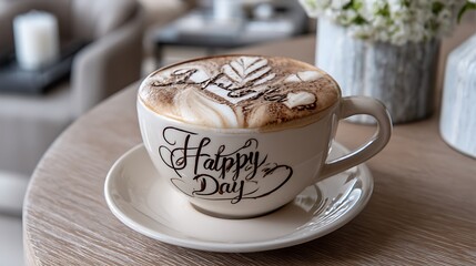 A cappuccino cup featuring a "Happy Father's Day" message in the foam, elegantly placed on a cozy table with light-colored decor and plenty of room to add personalized greetings, 