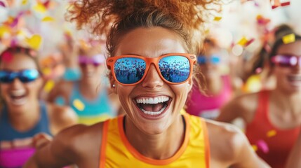 Celebratory finish line moment with confetti and female runner group