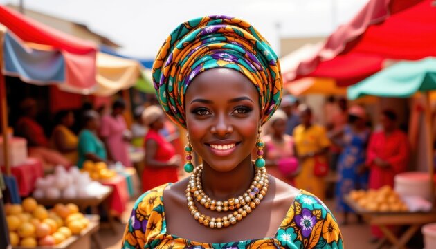 colorful nigerian moment with a gele headwrap in the center on a coral red background, in a festive cultural style, with morning market radiance, open areas, high resolution
