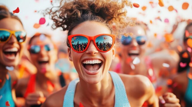 Celebratory finish line moment with confetti and female runner group