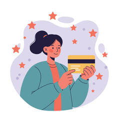 Woman holding credit card with stars background in modern vector illustration style for financial concept and online shopping ideas 