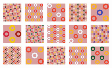Fototapeta premium Bright and festive seamless patterns with colorful circles and rings, perfect for Christmas, New Year, and Xmas decor. Ideal for holiday wallpapers, seasonal textiles, and cheerful background designs.
