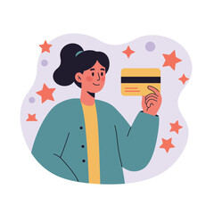 Woman holding credit card with stars around in casual jacket and ponytail hairstyle vector illustration 