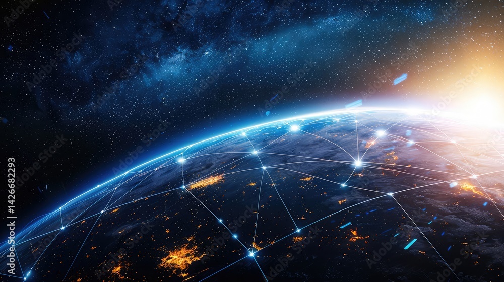Poster planet earth aglow global network of bright blue hexagon gridlines connecting luminous spheres ,glob