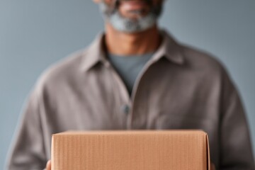 close-up of courier holding package against simple minimalistic background