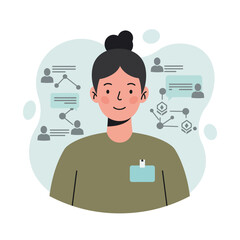 Female scientist exploring molecular structures and chemical connections with green background vector illustration 