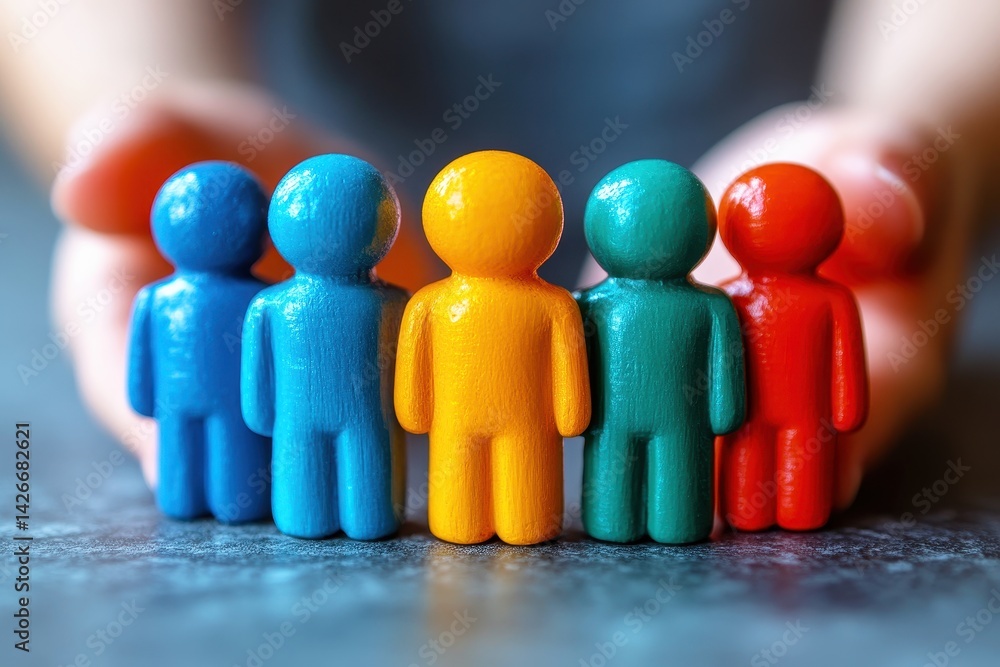 Poster colorful wooden figures representing diversity and teamwork held by hands emphasizing unity and comm