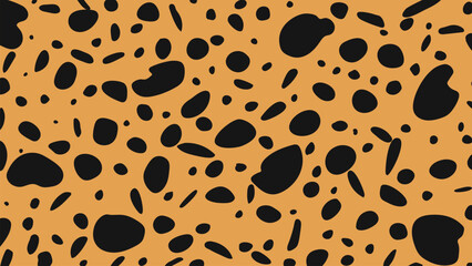 Cheetah Spot Animal Print. Leopard Dot Design on Orange Background. Random Black Polka Dot. Seamless Animal Inspired Pattern. Irregular Spot Vector for Wildlife Decor