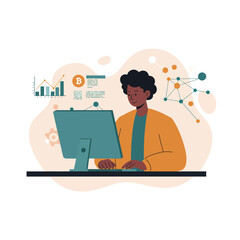 Young man working on computer analyzing cryptocurrency data and blockchain network vector illustration 