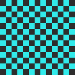 Seamless black and turquoise chess checkered grid pattern in Memphis style. Geometric vector design for backgrounds and wallpapers. Minimal aesthetics with flag elements and modern hipster appeal
