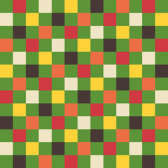 Vibrant seamless checkered grid pattern for Xmas, Christmas, and Happy New Year. Squares in festive colors create a geometric vector design. Ideal for holiday themed wallpapers and background
