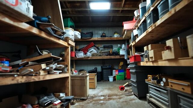 Cluttered Workshop Interior with Various Tools Boxes and Equipment on Wooden Shelves Under Dim Lighting