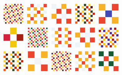 Grid and block designs in vibrant colors. Set of colorful checkered patterns with geometric squares. High quality vector illustrations ideal for modern wallpapers and backgrounds