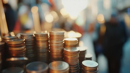 Stacks of coins in a bustling market street during sunset