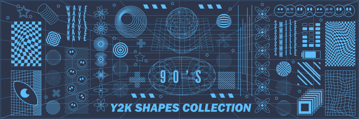 Abstract geometry hud wireframe shapes and patterns, cyberpunk elements, icon s and perspective grid s. Surreal geometric signs. Rave psychedelic futuristic Y2k acid aesthetic set. Vector illustration