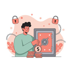 Person securing money in safe with coins and padlocks financial security concept vector illustration 