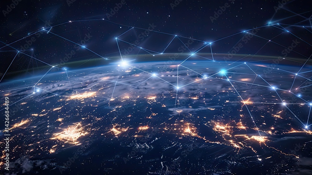 Poster planet earth aglow global network of bright blue hexagon gridlines connecting luminous spheres ,glob