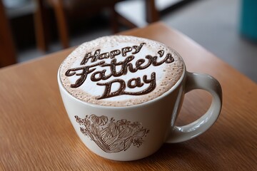 A cappuccino cup with foam art featuring a "Happy Father's Day" message, placed on a vibrant family dining table with ample room for additional text, ideal for greeting cards