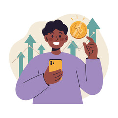 Person holding bitcoin coin and mobile phone with rising financial arrows digital currency concept vector illustration 