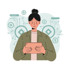 Woman using tablet with digital currency network interface technology concept illustration