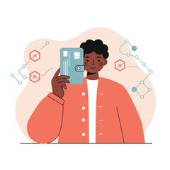 Person holding mobile device with scientific molecular structures in background technology and communication concept