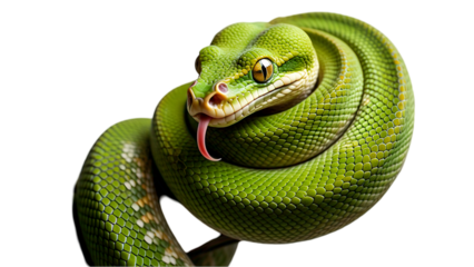 Green Tree Python Snake Coiled and Flicking Tongue – Isolated on White Background with Detailed Scales