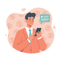 Businessman in orange suit using smartphone with bitcoin symbols digital currency concept vector illustration 