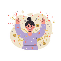 Happy woman celebrating success with raised hands and confetti vector illustration in purple outfit and gold coins background 