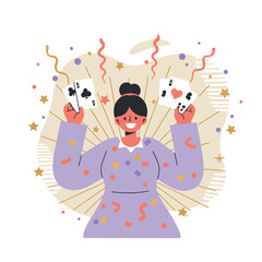 Woman holding playing cards celebrating with confetti and stars vector illustration in purple outfit 