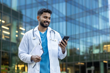 A smiling doctor in a white coat checks his phone while holding a clipboard, in front of a modern...