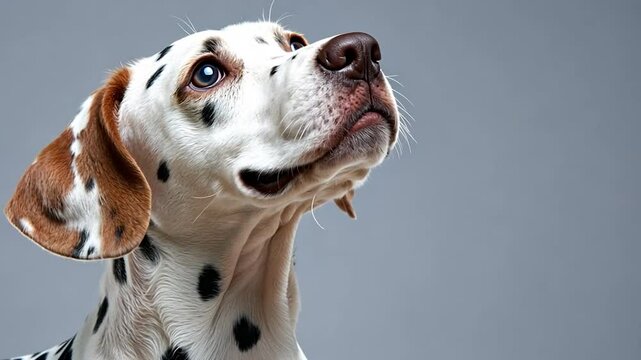 Dalmatian Dog Portrait On Gray Backdrop With Black Spots And Detailed Close Up