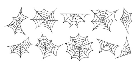 Outline spider webs in various shapes and angles, isolated on white background collection, perfect for Halloween designs, decorations, invitations,spooky graphics.Halloween Spider Vector Elements Pack