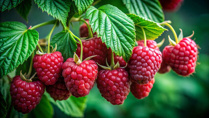 Ripe Red Raspberries on Vine with Green Leaves CloseUp Natural Fresh
