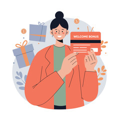 Woman holding welcome bonus card with gift boxes and money symbols in digital marketing concept vector image 