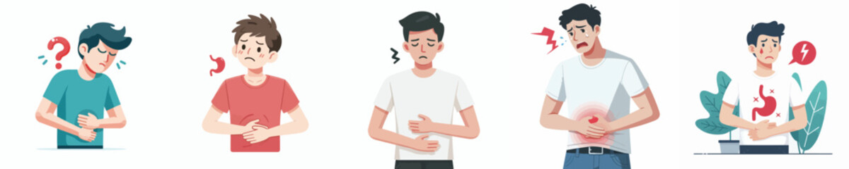 flat design vector collection of a young man with stomachache