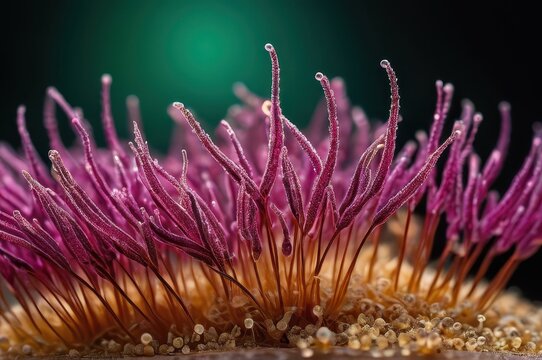 Macro photo of Clostridioides difficile under a microscope, blurred background with golden bokeh, focus on spores&rsquo; textured surfaces, deep shadows, magenta and emerald accents.
